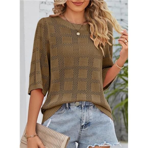 Women's Casual 3/4 Sleeve Loose Tunic Tops ,Crochet Knit Summer Sweaters Blouses - Picture 3 of 7